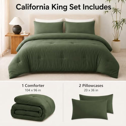 CozyLux California King Comforter Set, 3 Pieces Olive Green Quilted Bedding
