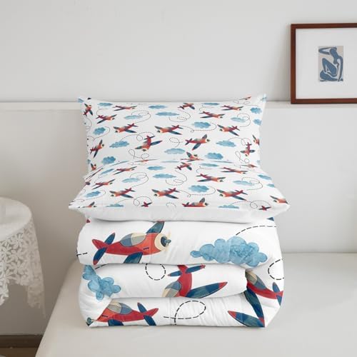 Boys Airplane Comforter Set Twin Size,Vintage Watercolor Airplane Bedding Set for Kids Space Room Decor,Cartoon Bedding Aircraft Blue Clouds Comforters Soft Lightweight Bedding Quilted 1 Pillow Case