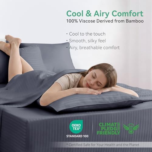 Cooling Sheets Set King Size, Viscose Derived from Bamboo for Hot Sleepers, Double Stitching, Deep Pocket to 16 Inch, Silky Soft and Breathable Bedding, 4PC (King, Jacquard Dark Grey)