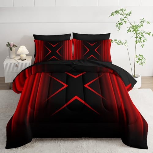 Nttopship Red and Black Geometric Comforter Set Twin Size 7Pieces,3D Abstract Mordern Printed Bedding Set for Adults,Geometric Mordern Decor All Seasons with Pillowcases,Flat, Fitted Sheet