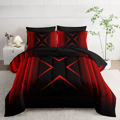 Nttopship Red and Black Geometric Comforter Set Twin Size 7Pieces,3D Abstract Mordern Printed Bedding Set for Adults,Geometric Mordern Decor All Seasons with Pillowcases,Flat, Fitted Sheet