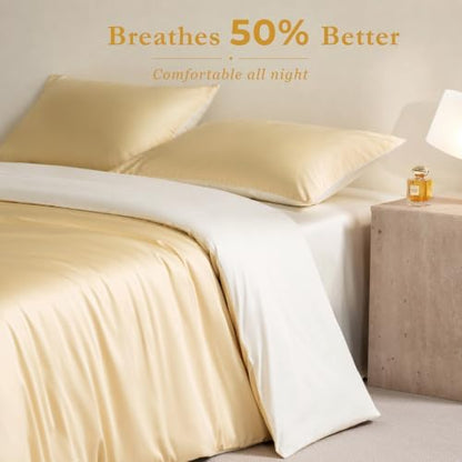 Twin Size Duvet Cover, 100% Egyptian Cotton,1600 Thread Count, Reversible Duvet Cover, Soft and Breathable Satin Bedding Set, All Seasons (Heathered Butter Yellow, 68"x90")