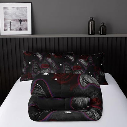 Butterfly Flowers Comforter Sets King Size, Black Butterfly Flowers 3D Animal Pattern Kids Bedding Sets for Girls Teens 3 Piece Bedroom Decor Comforter with 2 Pillowcases