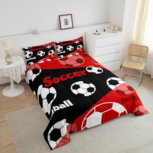Manfei American Soccer Comforter Set King Size, Black White Football Bedding Set 3pcs, Sports Theme Red Down Comforter All Season, Kids Boys Teens Room Decor, Soft and Lightweight, 2 Pillowcases
