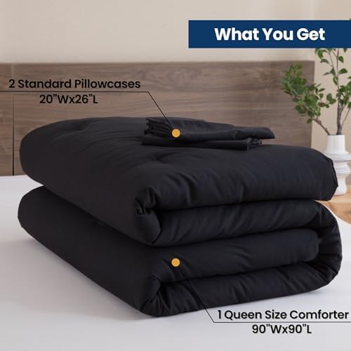 Paxrac Black Queen Comforter Set, Modern 3 Pieces Comforter Set, Lightweight & Fluffy Solid Bedding Set Queen Size, All Seasons Soft Breathable Queen Comforter Set (90x90In Comforter & 2 Pillowcases)