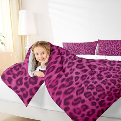jejeloiu Pink Leopard Comforter Set Queen Size Animal Skin Bedding Set for Kids Boys Girls Animal Print Duvet Quilt Bedroom Decor Microfiber 3 Pcs with 2 Pillow Cases