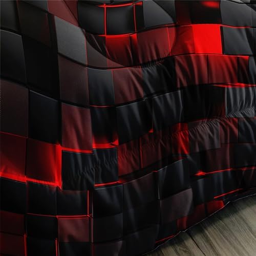 Nttopship Geometric Red Black Comforter Set,Light Honeycomb 3 Piece Bedding Set Twin for Teen Boys,Modern Bedding Quilt Set Geometry Decor,Microfiber Lightweight 1 Comforter 2 Pillowcases All Season