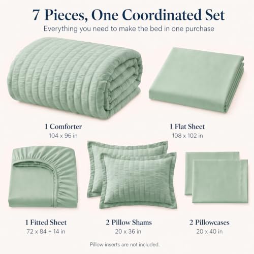 CozyLux California King Comforter Set, Sage Green Seersucker Bed in a Bag