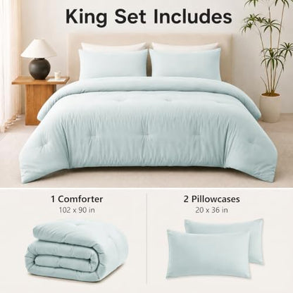 CozyLux King Comforter Set, 3 Pieces Down Alternative Bedding, Ice Blue