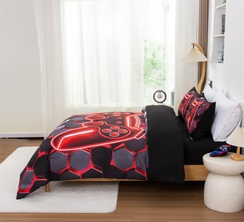 NTBED 3D Gaming Comforter Set for Boys Kids Teens,5pcs Gamer Bedding Sets with Sheet,Game Console Bed in a Bag (Red, Full)