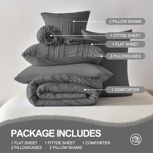 DHSFKBE Dark Grey Tufted Textured Comforter Set King Size, 7 Piece Bed in a Bag，Shabby Chic Boho Bedding for Bedroom Comforter，All Season Soft Microfiber Ruffle Comforter Set with Pillow and Sheets