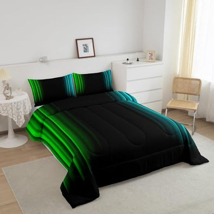 Feelyou Teens Abstract Ombre Decorations Bedding Set for Kids Women Green Teal and Black Comforter Set Geometric Modern Quilt Set Room 2Pcs Twin Size