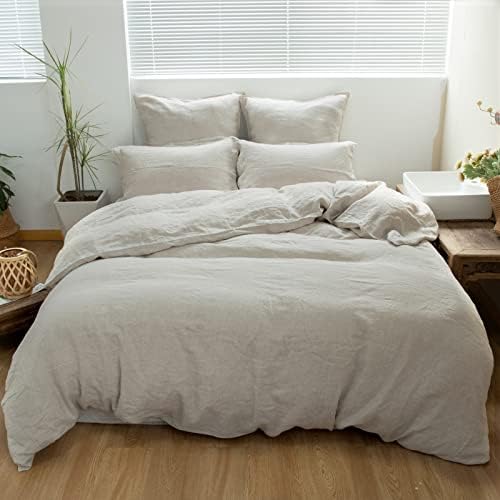 Simple&Opulence 100% Linen Duvet Cover Set 3pcs Basic Style Natural French Washed Flax Solid Color Soft Breathable Farmhouse Bedding with Button Closure - Linen, California King