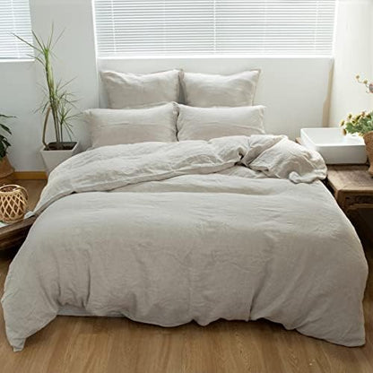 Simple&Opulence 100% Linen Duvet Cover Set 3pcs Basic Style Natural French Washed Flax Solid Color Soft Breathable Farmhouse Bedding with Button Closure - Linen, California King