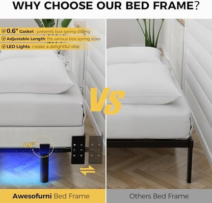 Full Bed Frame with LED Lights, 7 Inch Heavy Duty Metal Base for Box Spring