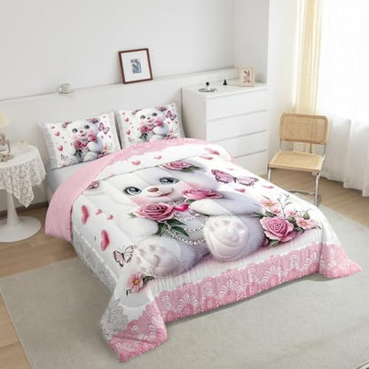 Feelyou Kids Cute Cartoon Bear Comforter Set Toddler Pink Rose Butterfly Love Heart Bedding Set Boys Girls Flowers Floral Pattern Quilt Set Pink Lace Pattern Bed Set