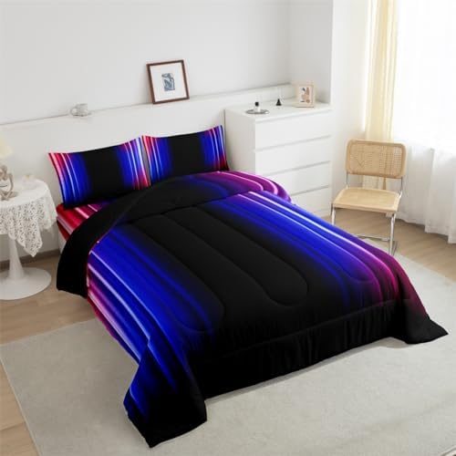 Feelyou Geometric Ombre Comforter Set Kids Teens Red Blue Black Bedding Set Decor Modern Stripes Comforter with 2 Pillowcases 3Pcs Bedding Queen