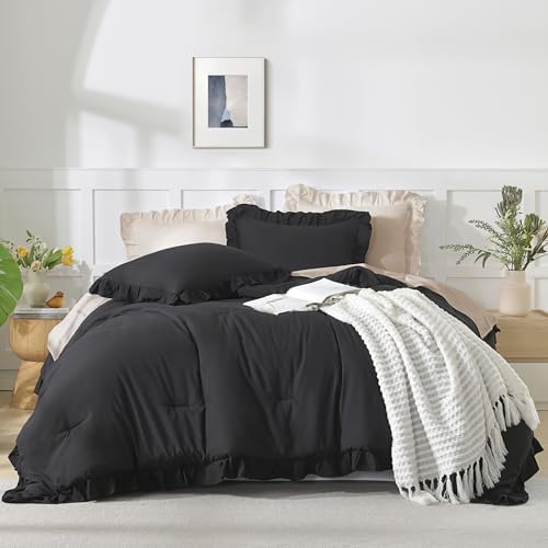 Andency Black Ruffle Comforter Twin Size, 2 Pieces Soft Bed Set