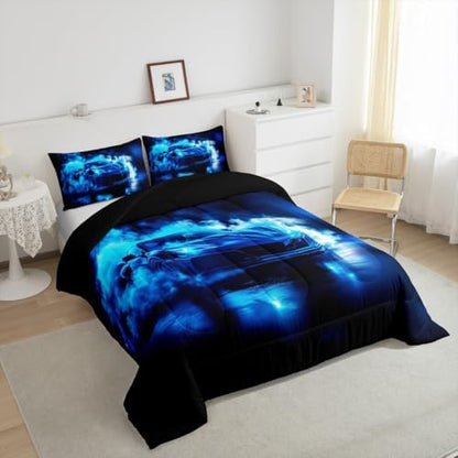 Boys Sports Car Comforter,Cool Blue Race Car Bedding Set Twin Size for Kids Boys Girls Teens,3D Foggy Racing Cars Bedding Comforter Sets,Extreme Sports Theme Quilt Racing Games Race Cars Room Decor