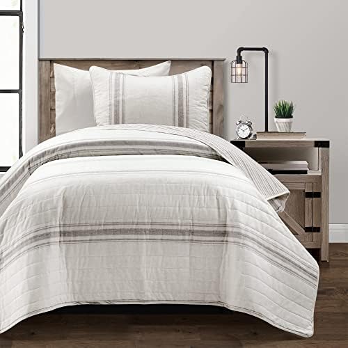 Lush Decor Farmhouse Stripe Reversible Cotton Quilt Twin XL Size, 2 Piece Set Gray - Farmhouse Bedding Set Twin XL - College Dorm Essentials