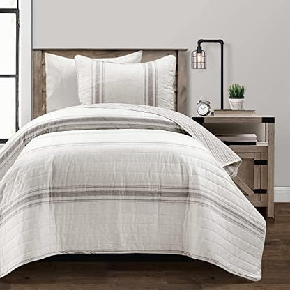 Lush Decor Farmhouse Stripe Reversible Cotton Quilt Twin XL Size, 2 Piece Set Gray - Farmhouse Bedding Set Twin XL - College Dorm Essentials