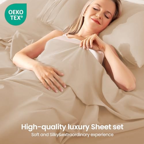 ROSE&RISY Khaki Full Sheet Set, 4 Pieces Soft Bedding Full Sheet Set, Breathable and Cooling,Includes 1 Fitted Sheet, 1 Flat Sheet, 2 Pillowcases - Deep Pocket (Khaki, Full)