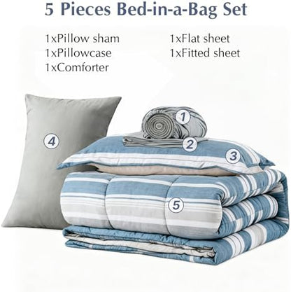 Twin XL Comforter Set Striped Royal Blue 5 Pieces Bed in a Bag for Dorm