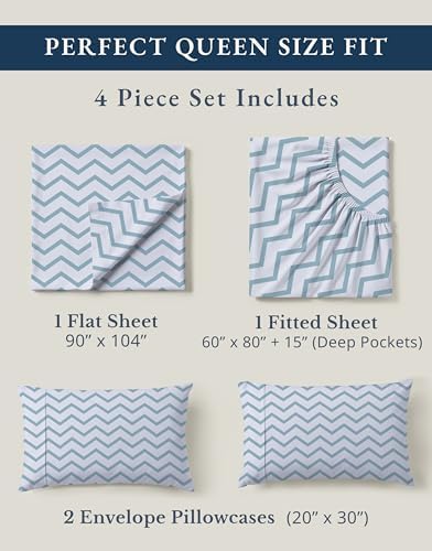 LANE LINEN Queen Sheet Set 100% Organic Cotton Cooling Soft 4pc - Chevron