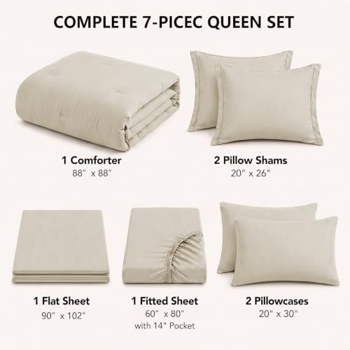 HIMEET Queen Comforter Set - 7 Pieces Bed in a Bag Queen Size, Luxury Comforter Set with Sheets for All Season, Bed Set with Comforter, Flat Sheet, Fitted Sheet, Pillowcases & Shams, Beige