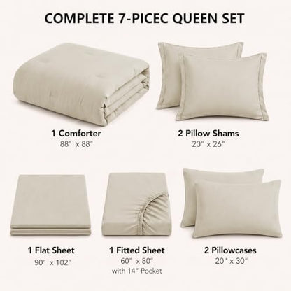 HIMEET Queen Comforter Set - 7 Pieces Bed in a Bag Queen Size, Luxury Comforter Set with Sheets for All Season, Bed Set with Comforter, Flat Sheet, Fitted Sheet, Pillowcases & Shams, Beige