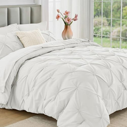 JOLLYVOGUE Full Size Comforter Sets 7 Pieces - Bed in a Bag Full for All Season, Pintuck Bedding Comforter Sets with Comforter, Flat Sheet, Fitted Sheet and Pillowcases & Shams, White