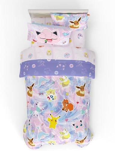 Franco Pokémon Girl Kids Bedding Twin Size – 5 Piece Comforter & Sheet Set with Sham – Super Soft – Eevee, Pikachu & Jigglypuff – (Officially Licensed Product)