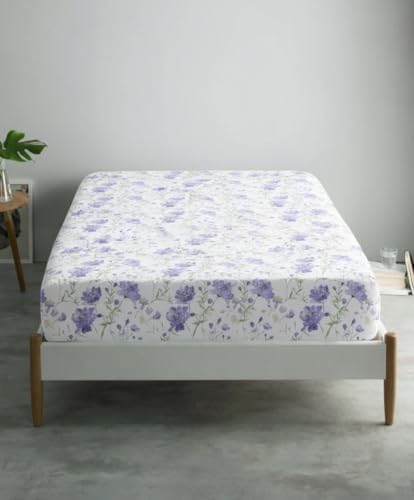 Feather & Stitch Fitted Sheet Only, 100% Cotton 300TC Lightweight Cooling & Breathable Percale Weave Fitted Sheet 16" Regular Elastic Deep Pocket Soft Bedding Mattress (King, Violet Breeze)