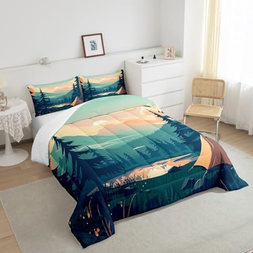 Sunset Comforter Set Twin Size,Mountain Lake Nature Scenery Bedding Set for Kids Teens Adults Room Decor,Camping Adventure Theme Duvet Insert 2Pcs,Woodland Tree Natural Green Quilt Set,1 Pillowcase