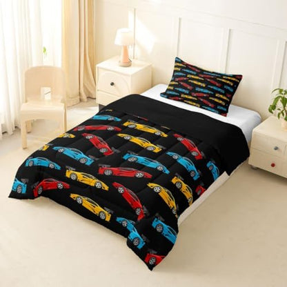 Feelyou Blue Race Car Comforter Set Toddler Size Yellow Speed Sports Car Bedding Set for Kids Boys Girls Vehicle Duvet Quilt Bedroom Decor Microfiber 2 Pcs with 1 Pillow Case