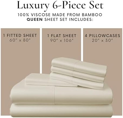Bamboo Bay 6 Piece Queen Size Sheet Set, 100% Viscose Made from Bamboo, Breathable Ultra Soft Cooling Bed Sheets for Hot Sleepers, Beddings with Deep Pockets Fit 16" Mattress, Ivory