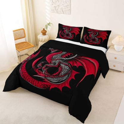 Feelyou Dragon Bedding Set Soft for Boys Girls, Wild Life Comforter Set King Size Jungle Dragon Duvet Quilt Microfiber Red Black Bedroom Decor 3 Pcs with 2 Pillow Cases