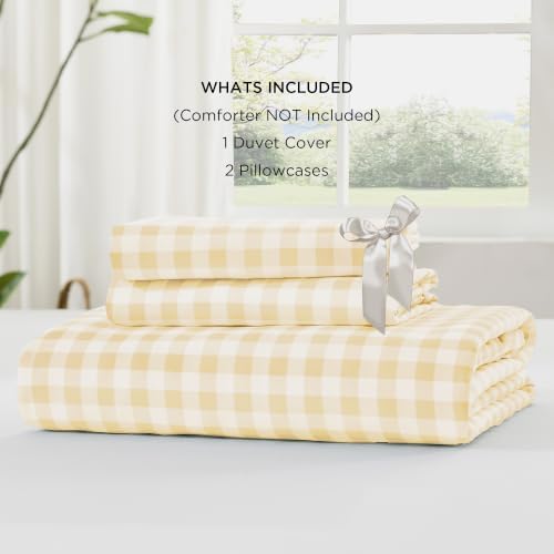 Andency Yellow Gingham Duvet Cover King, Ruffle Shabby Bedding Set 3 Pcs