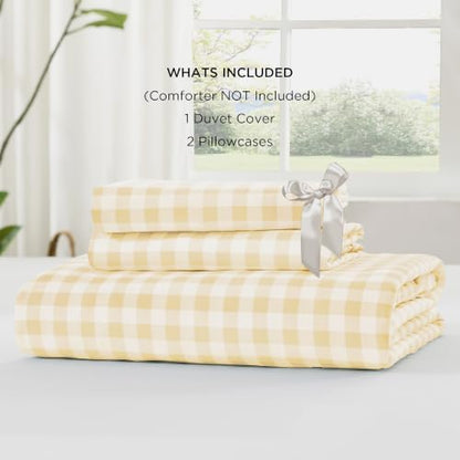 Andency Yellow Gingham Duvet Cover Full, Ruffle Shabby Bedding Set 3 Pcs