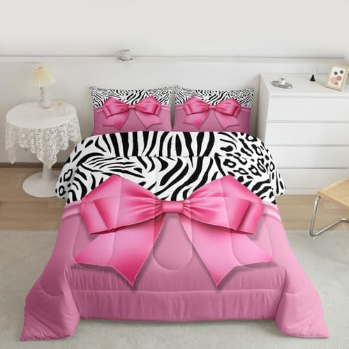jejeloiu Pink Bow Comforter Set Queen Size Zebra Stripes Bedding Set for Kids Boys Girls Girls Bow Duvet Quilt Bedroom Decor Microfiber 3 Pcs with 2 Pillow Cases