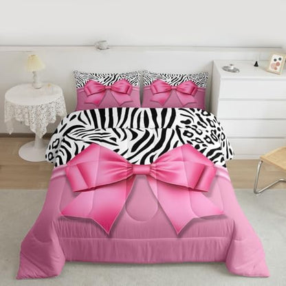 jejeloiu Pink Bow Comforter Set Queen Size Zebra Stripes Bedding Set for Kids Boys Girls Girls Bow Duvet Quilt Bedroom Decor Microfiber 3 Pcs with 2 Pillow Cases