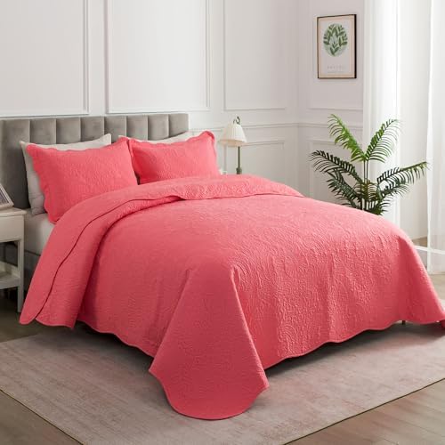 HoneiLife Quilt Sets King Size - Microfiber Bedspreads for King Bed, 3-Piece Lightweight Coverlets, Retro Bedlinen Sets, King Quilt Bedding Set All Season Use-Sugar Coral