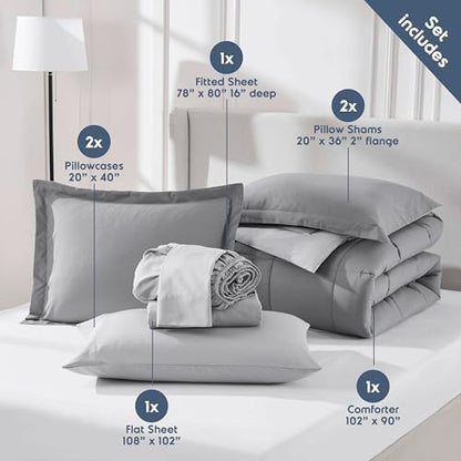 Nestl 9 Piece King Comforter Set – Grey Reversible Bed in a Bag – Complete King Size Bedding Set with Sheets, Set of 2 Cooling Pillows, Pillowcases and Shams