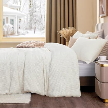 ChiXpace Fleece Twin Size Comforter Set White, Fluffy Bed Set 2 Pieces