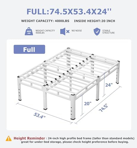 NKZ Metal Platform Bed Frame Full Size, 24 Inch Dual-Layer Heavy Duty Base