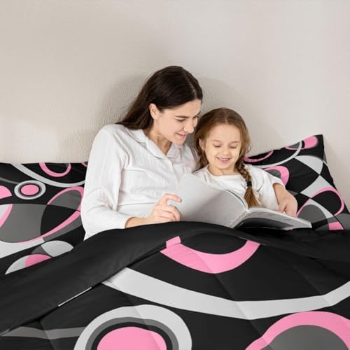 Feelyou Pink Grey and Black Comforter Retro Circle Geometrics Comforter Set Modern Abstract Art Bedding Set for Kids Boys Girls Geometrics Swirl Duvet Set Luxury Room Decor Quilt Set Queen Size