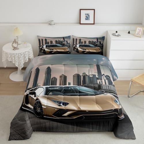 Feelyou Race Car Comforter Set Sports Bedding Set for Kids Galaxy Speed Racing Car Design Automobile Quilt Room Decor 3Pcs Queen Size