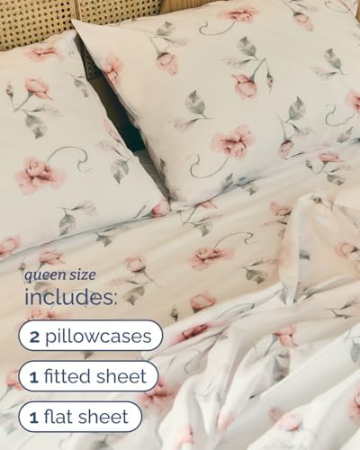 Queen 4 Piece Boho Botanical Floral Sheet Set - Soft & Cooling - Rosebud
