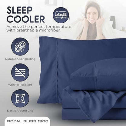 Top Split Flex Head California King Size Sheet Set - Egyptian Quality Ultra-Soft Bed Sheets - Double Brushed - Deep Pockets- Easy Fit - 4 Piece Set- Fade Resistant (Navy Blue)