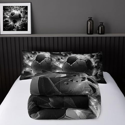 Nttopship Soccer Bedding Comforter Set Queen Size for Kids Teens and Adults, Black and White Football Printed Bedding Sets 3 PCS,Ball Sports Themed Bedroom Decor with 1 Comforter and 2 Pillowcases